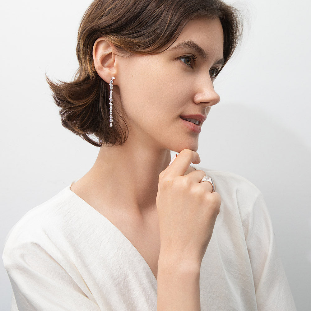 Cluster Bar CZ Chandelier Earrings in Sterling Silver