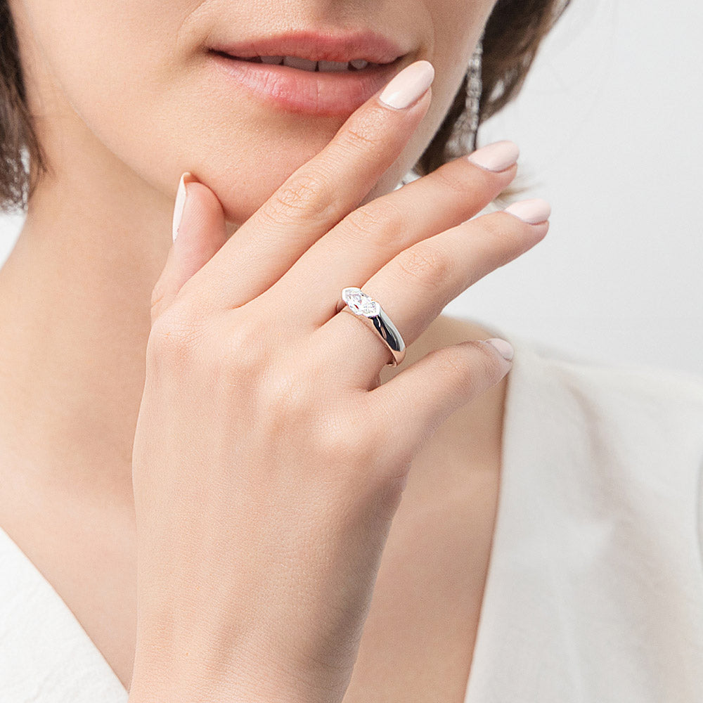 Silver East-West Solitaire Bezel CZ Wedding Engagement Ring