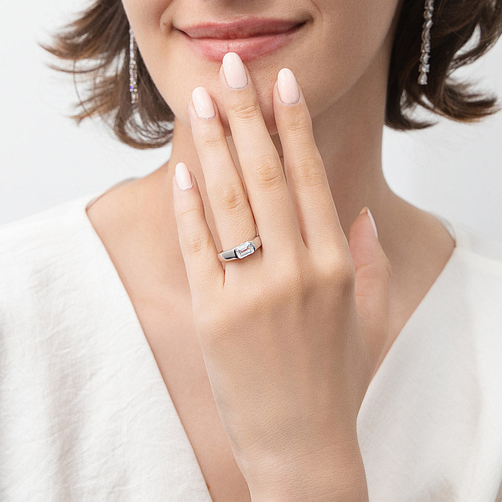 East-West Solitaire 1ct Bezel CZ Ring in Sterling Silver