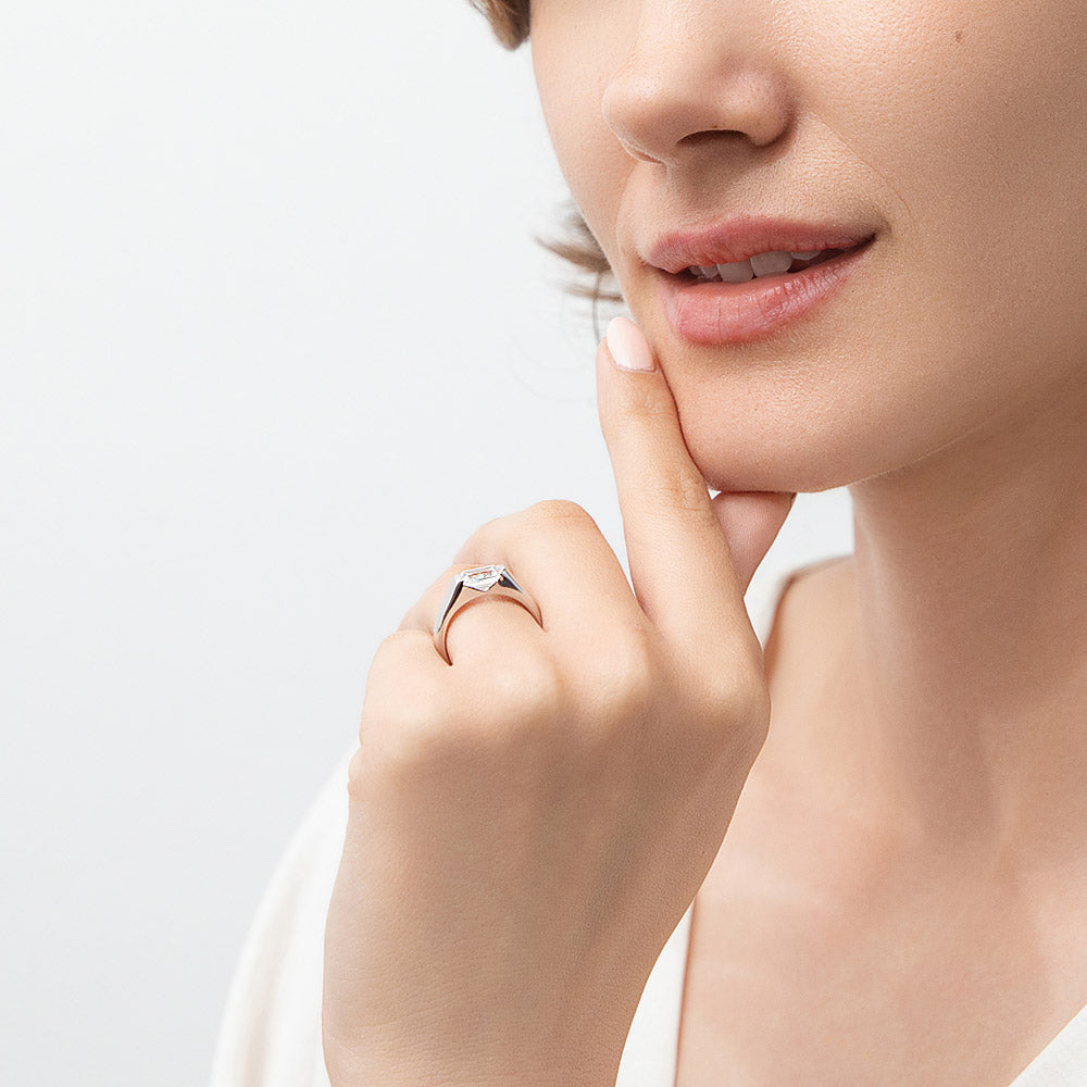 Model wearing East-West Solitaire 1ct Bezel CZ Ring in Sterling Silver, 9 of 13