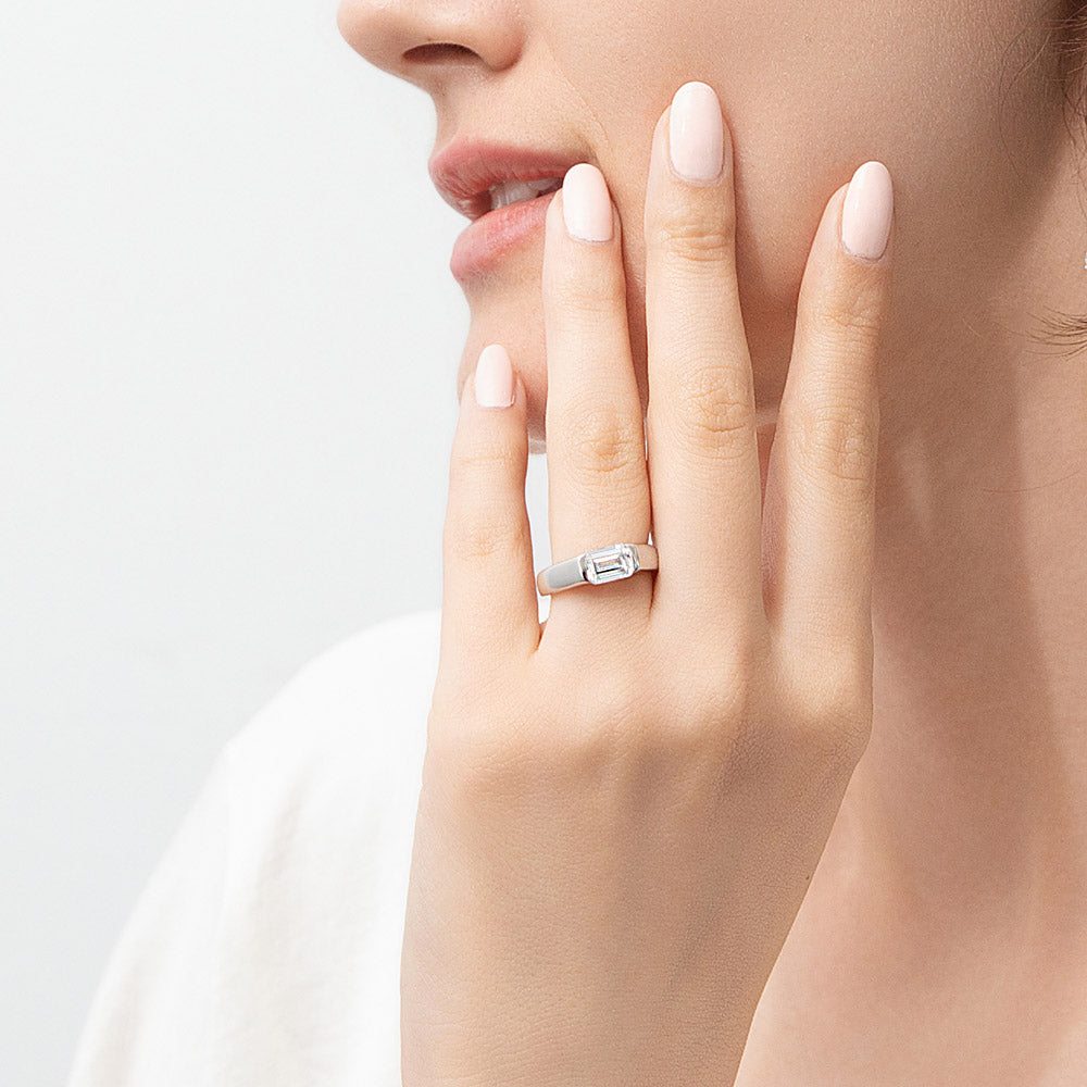 East-West Solitaire 1ct Bezel CZ Ring in Sterling Silver