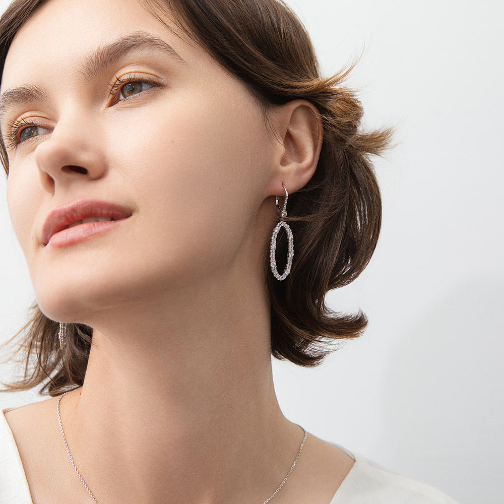 Open Oval CZ Leverback Chandelier Earrings in Sterling Silver