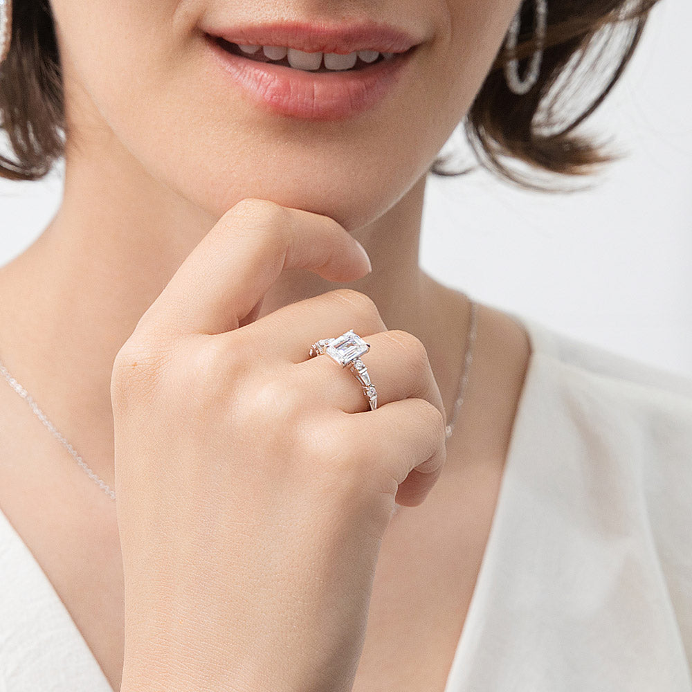 Model wearing Solitaire Art Deco 1.7ct Emerald Cut CZ Ring in Sterling Silver, 3 of 7