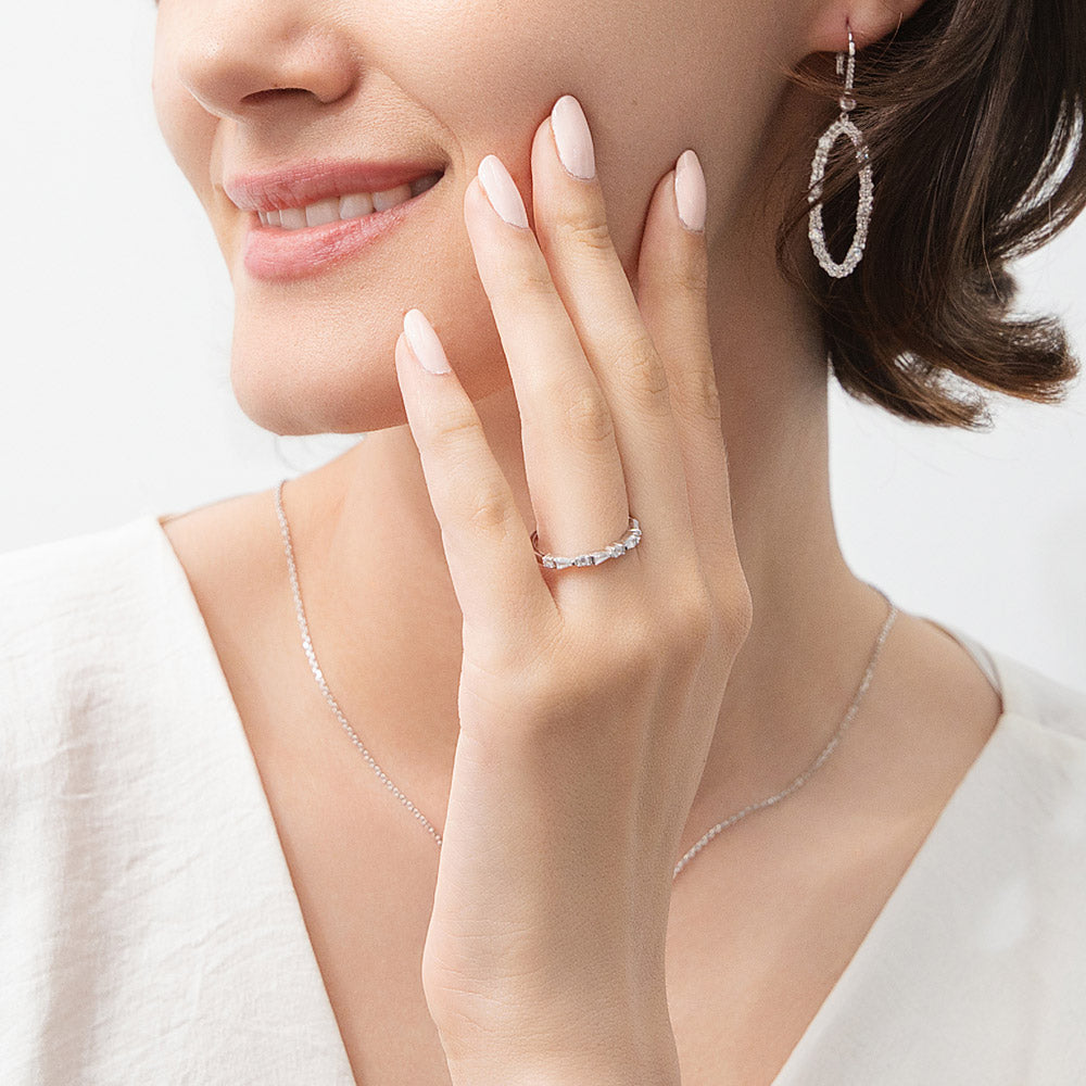 Model wearing Art Deco CZ Eternity Ring in Sterling Silver, 2 of 8