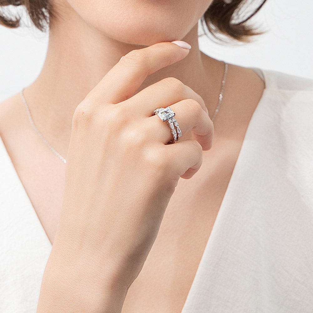 Solitaire Art Deco Emerald Cut CZ Ring Set in Sterling Silver