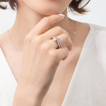 Solitaire Art Deco Emerald Cut CZ Ring Set in Sterling Silver