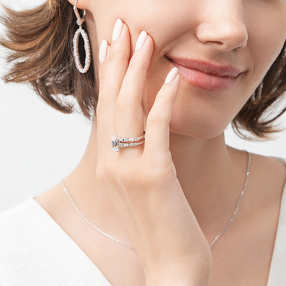 Solitaire Art Deco Emerald Cut CZ Ring Set in Sterling Silver