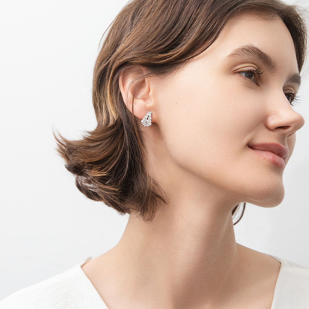Model wearing Art Deco CZ Stud Earrings in Sterling Silver, 2 of 5