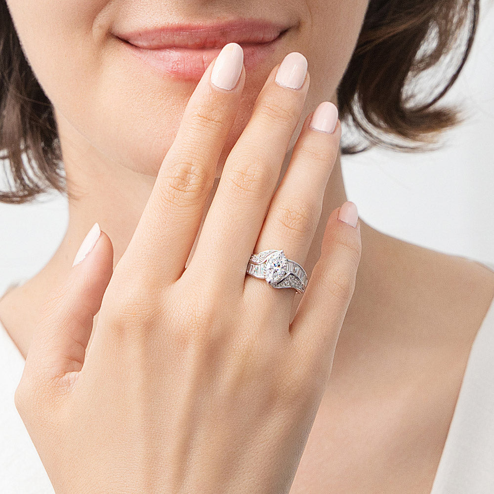 Halo Woven Art Deco Marquise CZ Ring in Sterling Silver