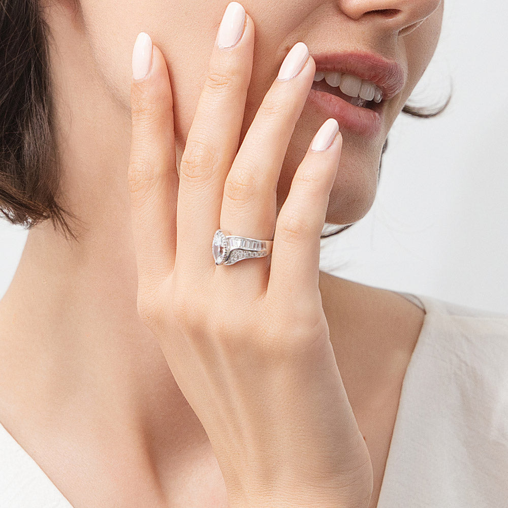 Model wearing Halo Woven Art Deco Marquise CZ Ring in Sterling Silver, 6 of 10