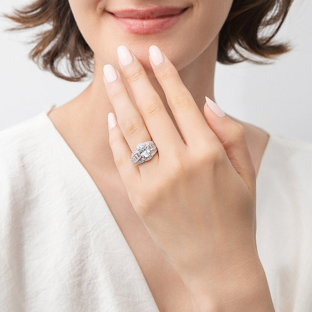 Model wearing Halo Woven Art Deco Oval CZ Ring in Sterling Silver, 2 of 9