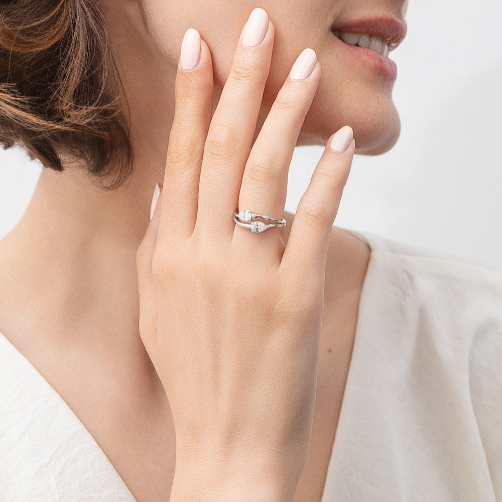 Model wearing 2-Stone CZ Split Shank Ring in Sterling Silver, 6 of 9