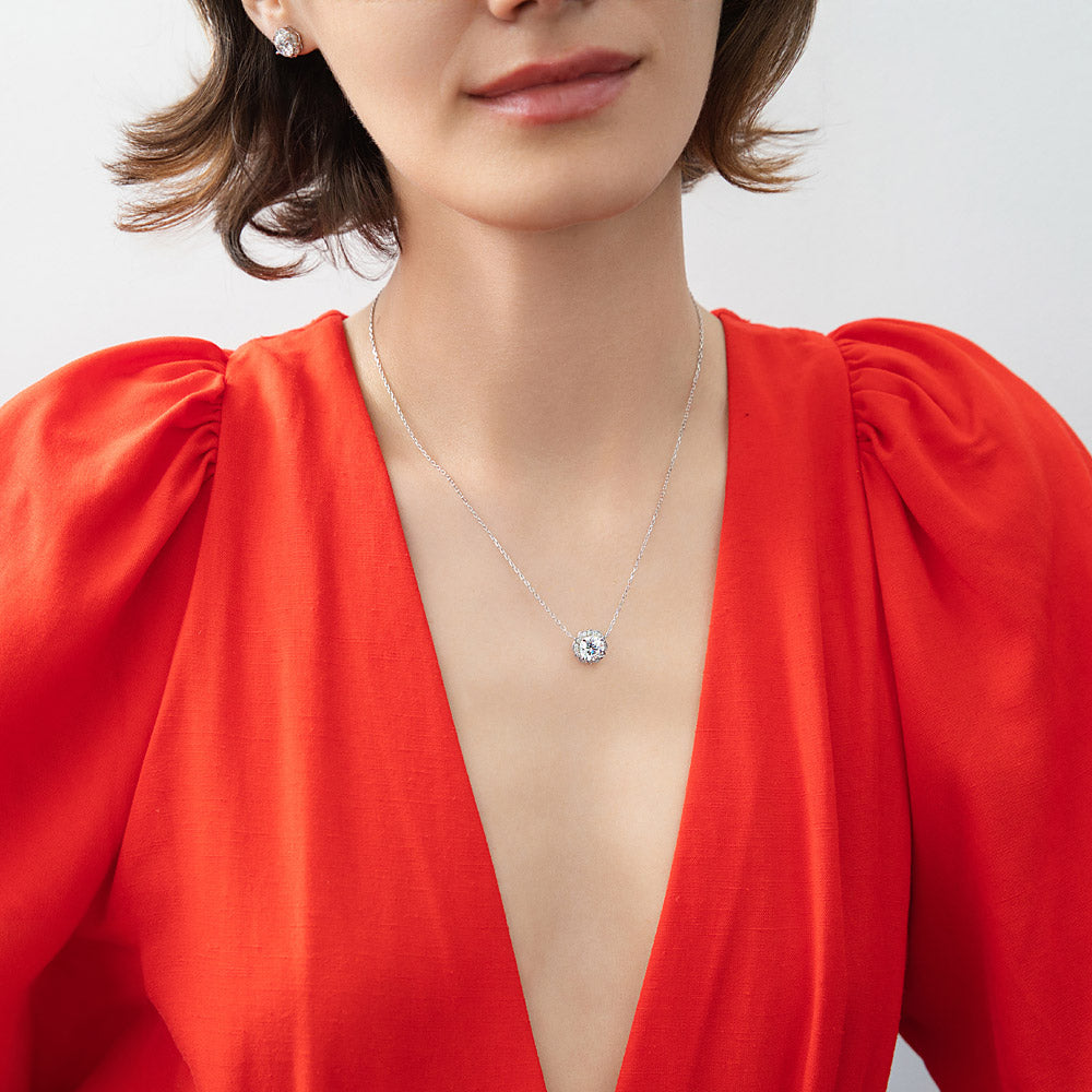 Silver Flower Halo CZ Fashion Necklace and Earrings Set