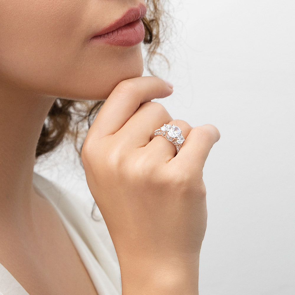 Model wearing 3-Stone 1.8ct Oval CZ Ring in Sterling Silver, 6 of 9