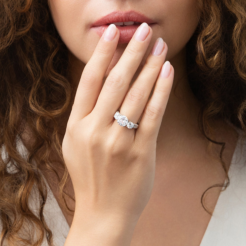 Model wearing 3-Stone 2ct CZ Ring in Sterling Silver, 2 of 10