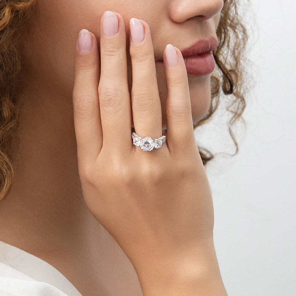 Model wearing 3-Stone 2ct CZ Ring in Sterling Silver, 4 of 10