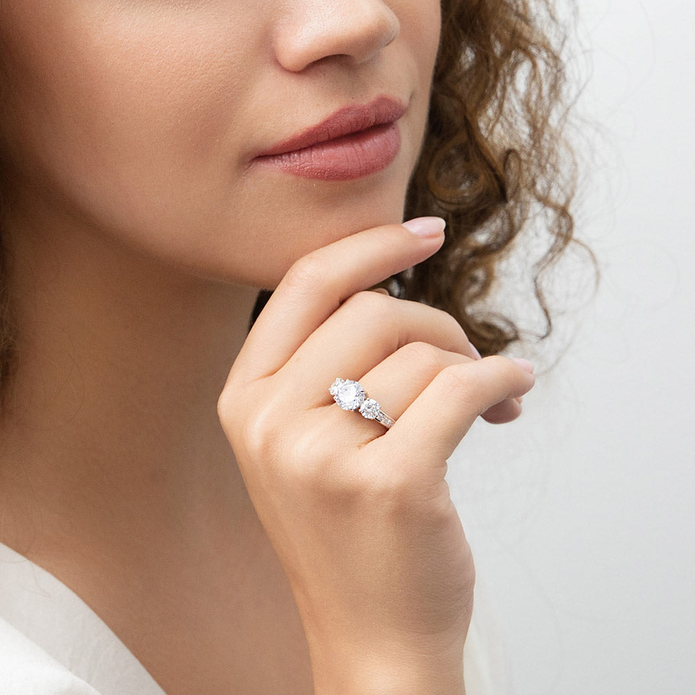 Model wearing 3-Stone 2ct CZ Ring in Sterling Silver, 6 of 10