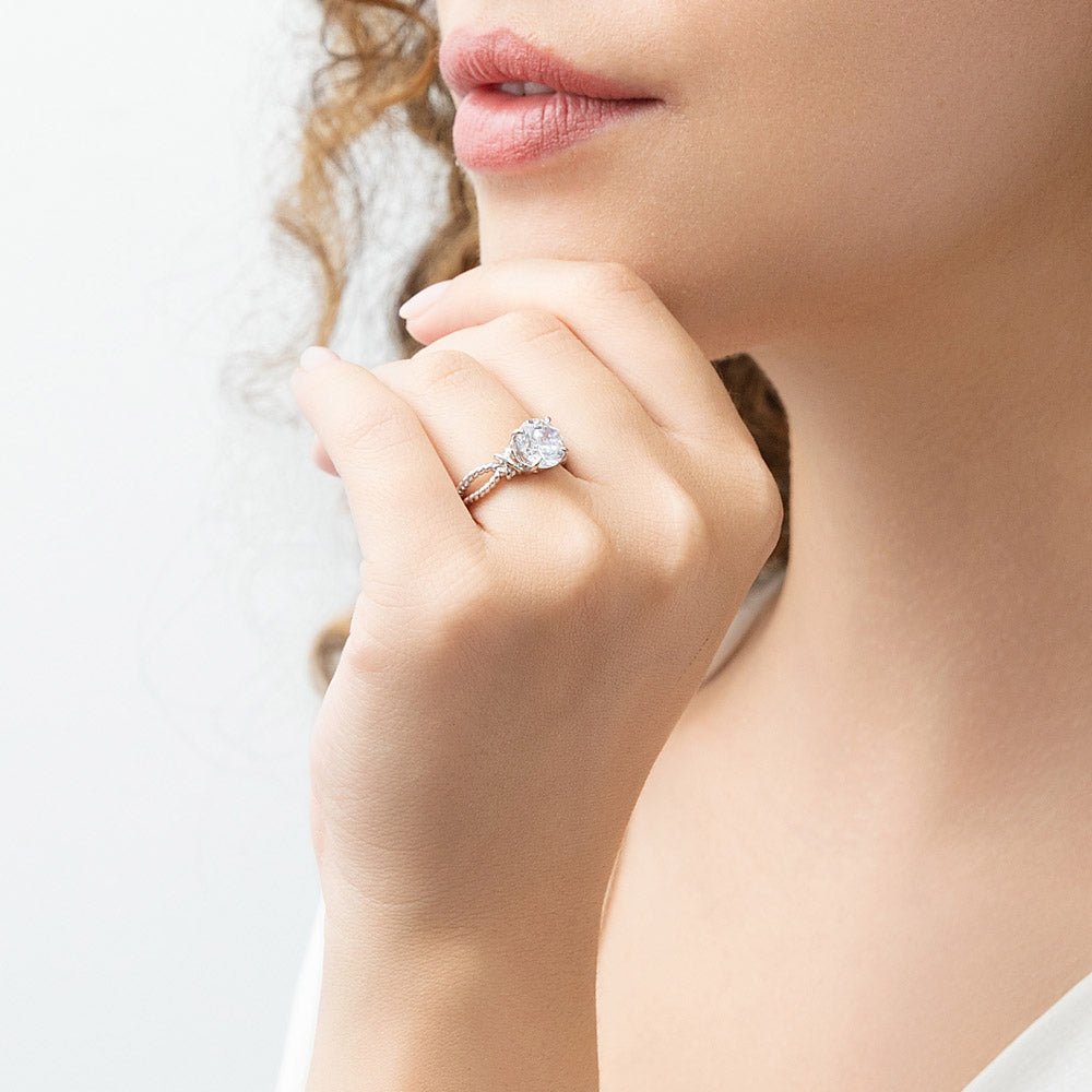 Model wearing Cable Woven Solitaire 2ct CZ Ring in Sterling Silver, 10 of 12