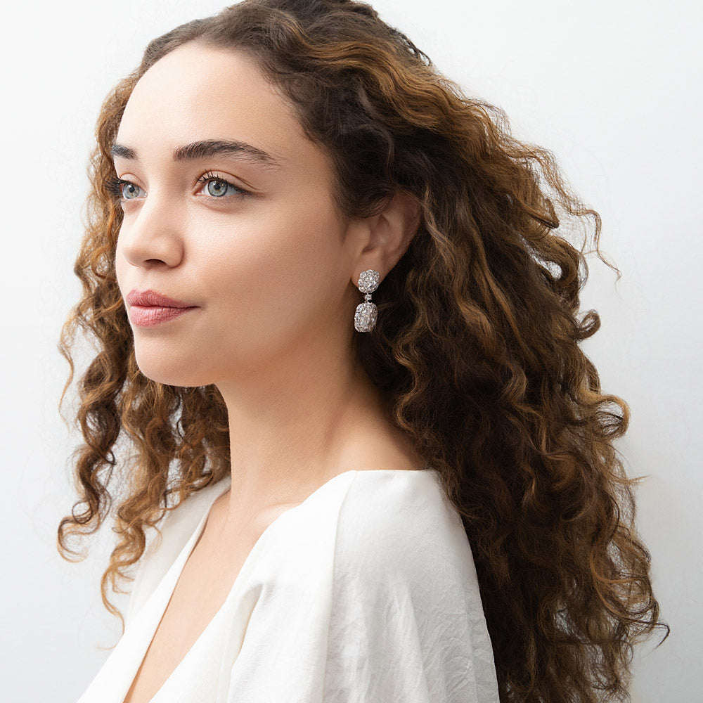 Model wearing Halo Cushion CZ Chandelier Earrings in Sterling Silver, 2 of 9
