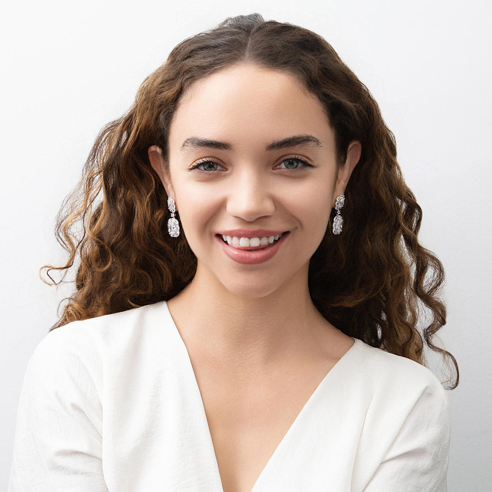 Model wearing Halo Cushion CZ Chandelier Earrings in Sterling Silver, 6 of 9