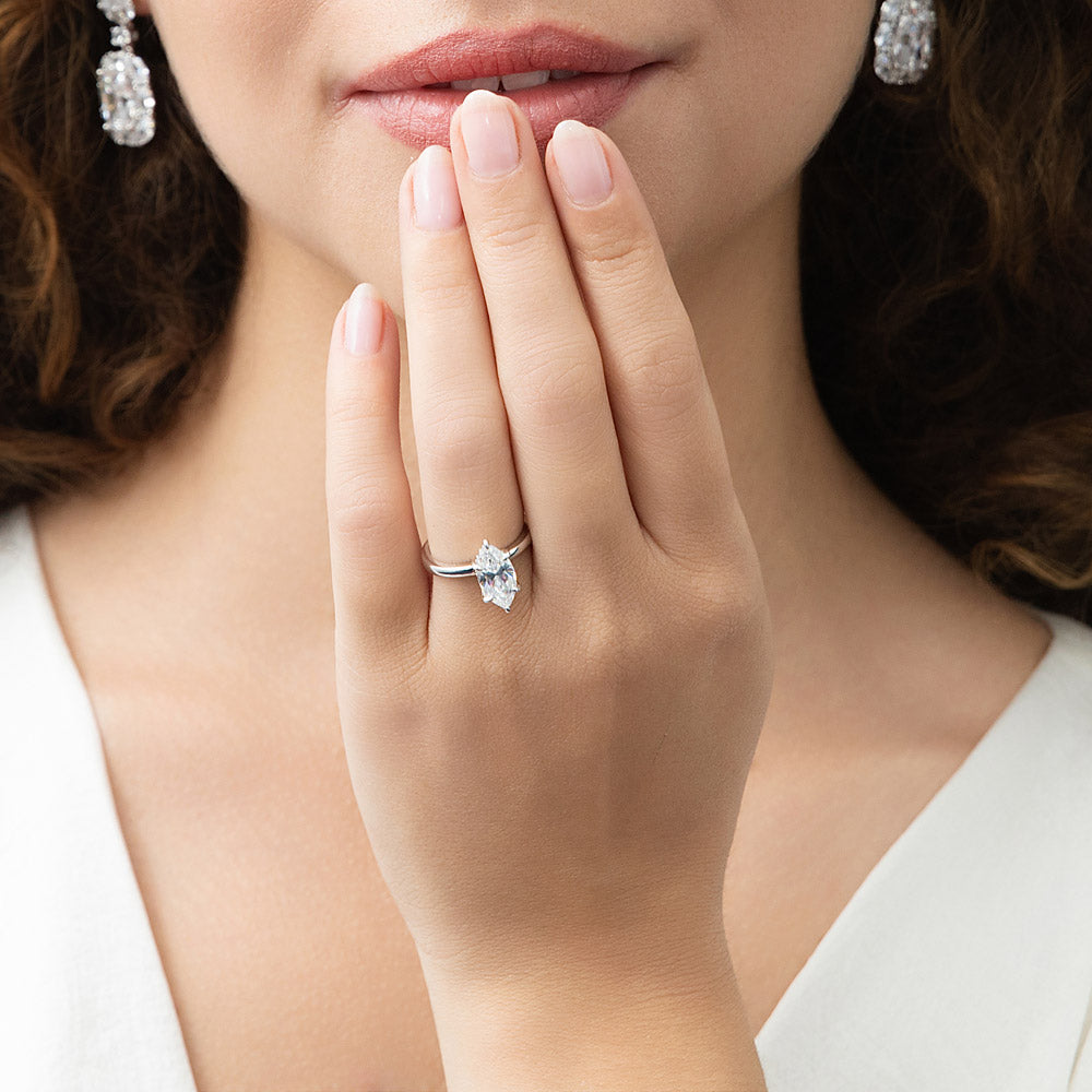 Model wearing Solitaire 1.6ct Marquise CZ Ring in Sterling Silver, 3 of 10