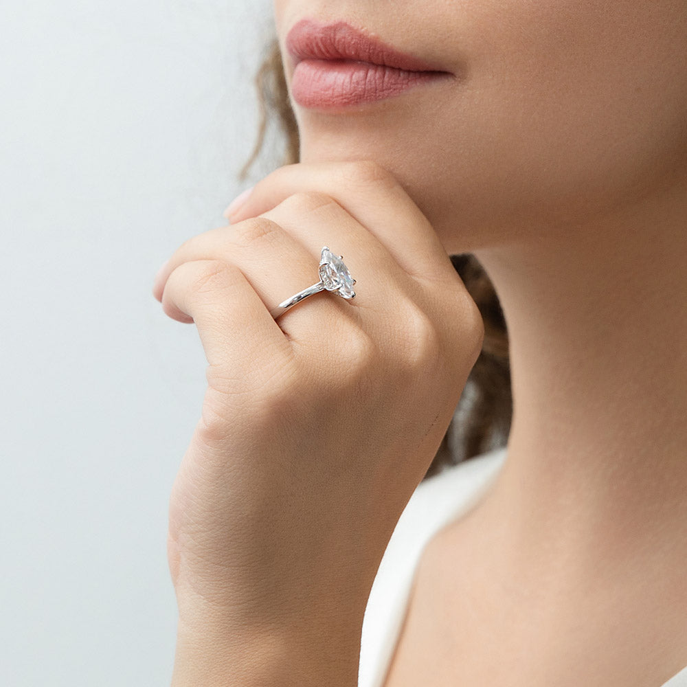 Model wearing Solitaire 1.6ct Marquise CZ Ring in Sterling Silver, 7 of 10