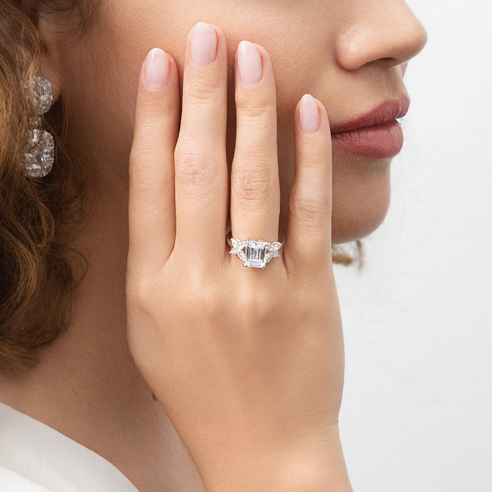 Model wearing Flower CZ Ring in Sterling Silver, 2 of 9
