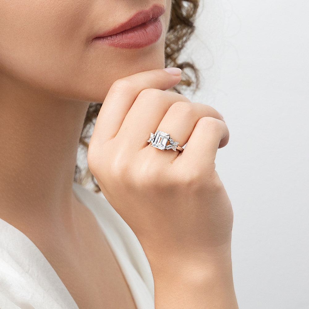 Model wearing Flower CZ Ring in Sterling Silver, 6 of 9