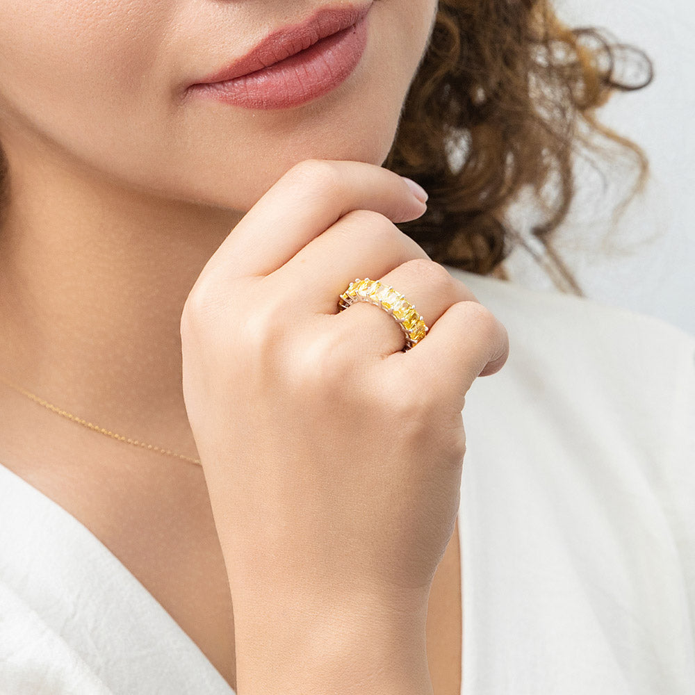 Model wearing Canary Yellow Pave Radiant CZ Eternity Ring in Sterling Silver, 8 of 11