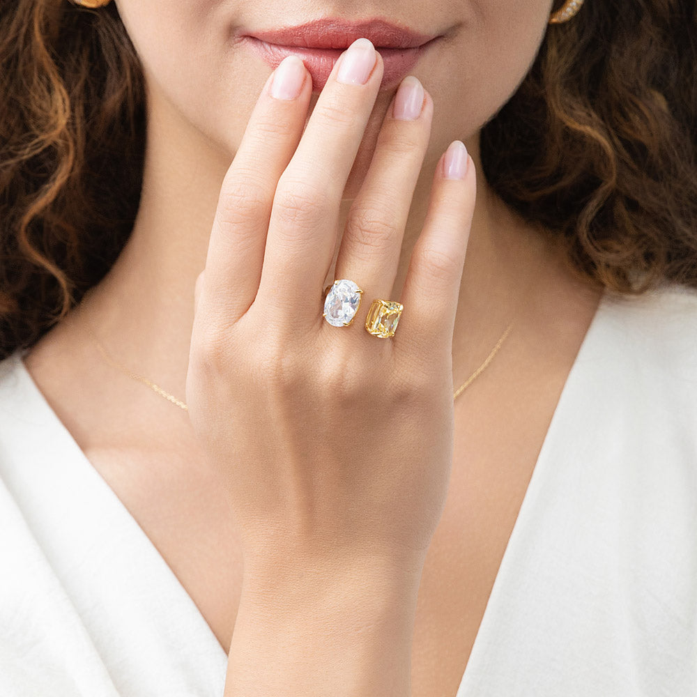 Model wearing Toi et Moi 2-Stone CZ Ring in Gold Flashed Sterling Silver, 6 of 10