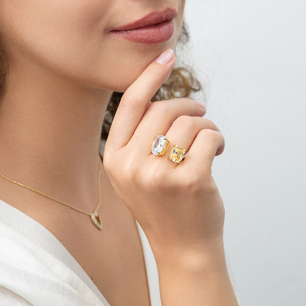 Model wearing Toi et Moi 2-Stone CZ Ring in Gold Flashed Sterling Silver, 9 of 10