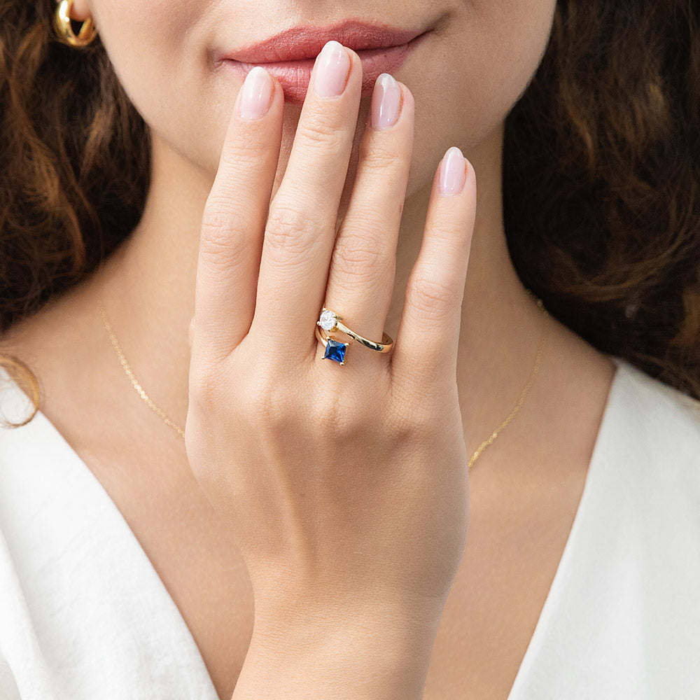 Model wearing Bypass Blue CZ Ring in Gold Flashed Sterling Silver, 6 of 12