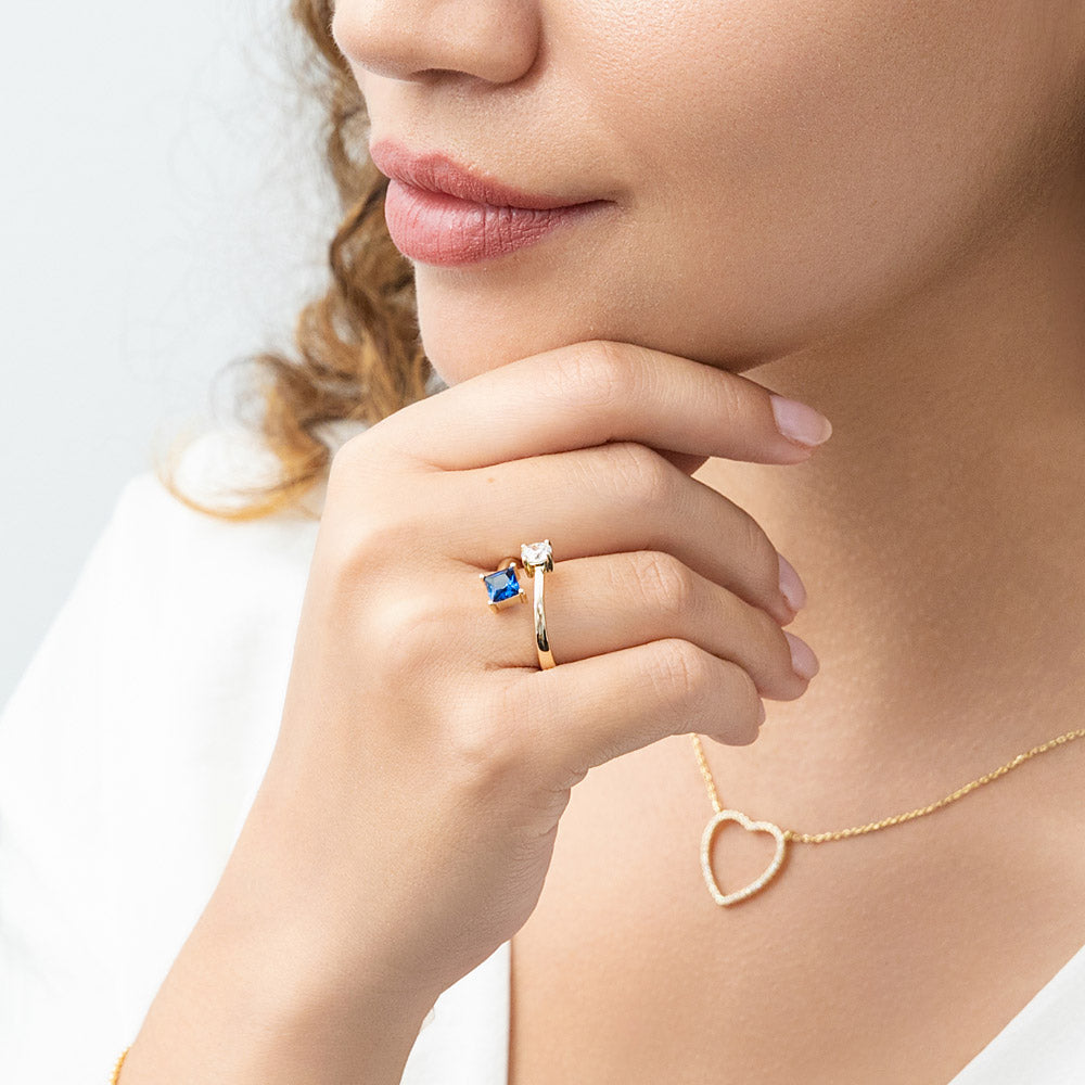 Model wearing Bypass Blue CZ Ring in Gold Flashed Sterling Silver, 10 of 12