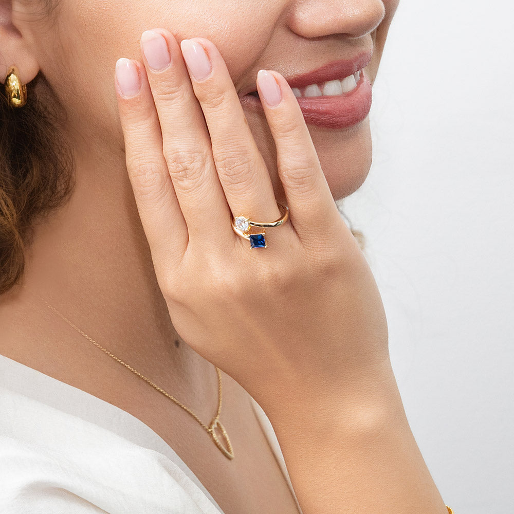 Model wearing Bypass Blue CZ Ring in Gold Flashed Sterling Silver, 2 of 12
