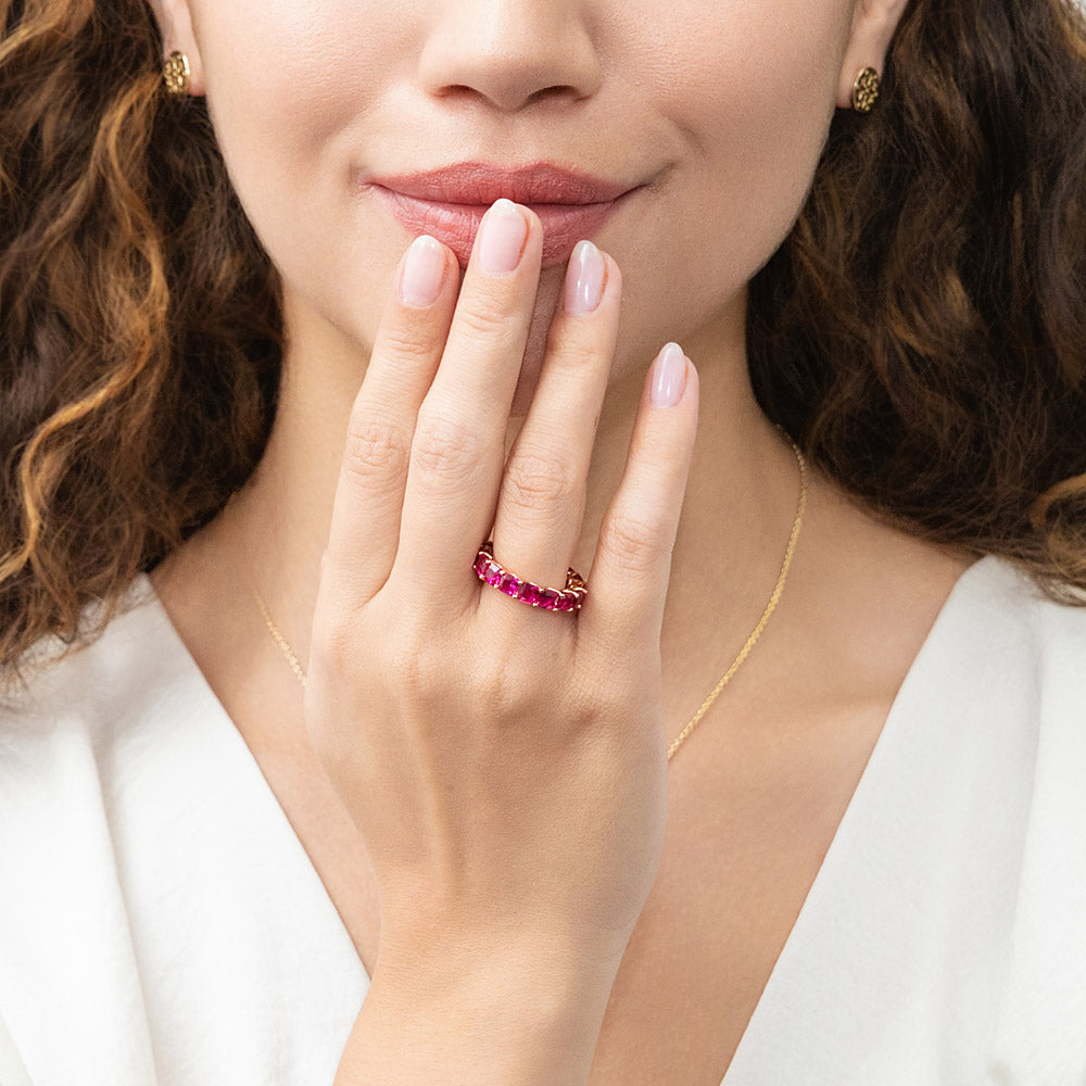 Model wearing Red Pave CZ Eternity Ring in Rose Gold Flashed Sterling Silver, 7 of 8