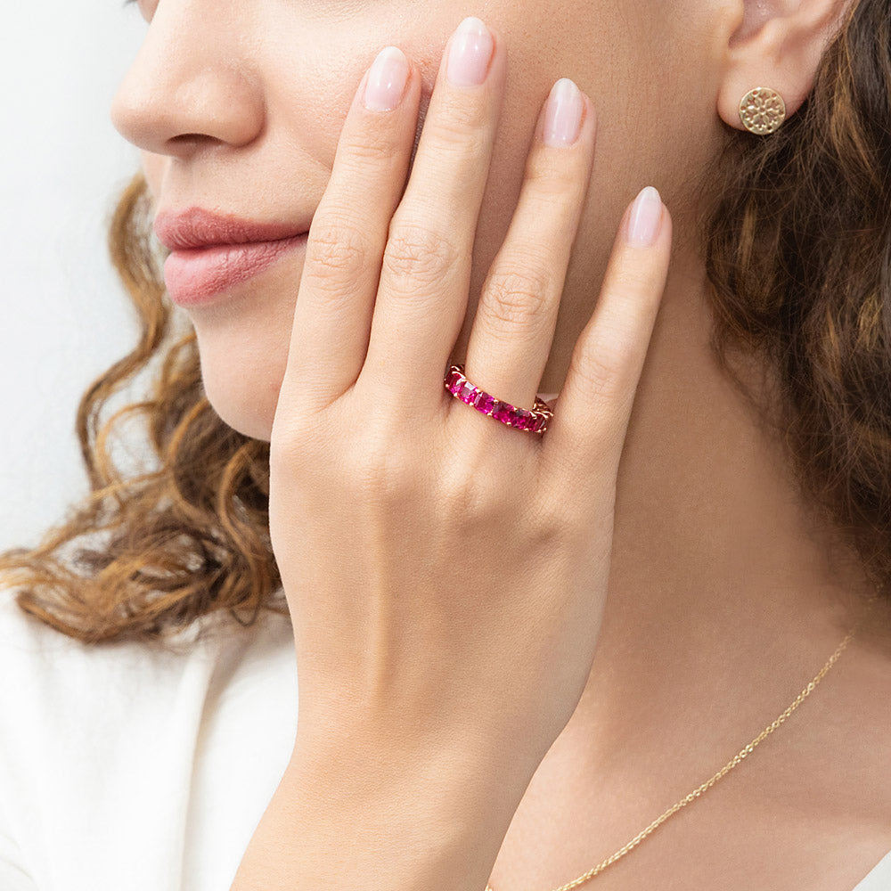 Model wearing Red Pave CZ Eternity Ring in Rose Gold Flashed Sterling Silver, 6 of 8