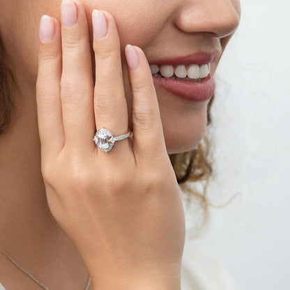 Halo Art Deco Emerald Cut CZ Ring in Sterling Silver