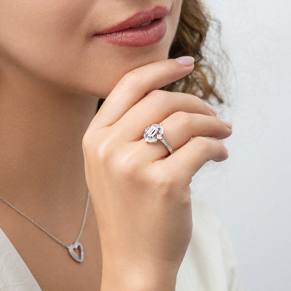 Model wearing Halo Art Deco Emerald Cut CZ Ring in Sterling Silver, 10 of 11
