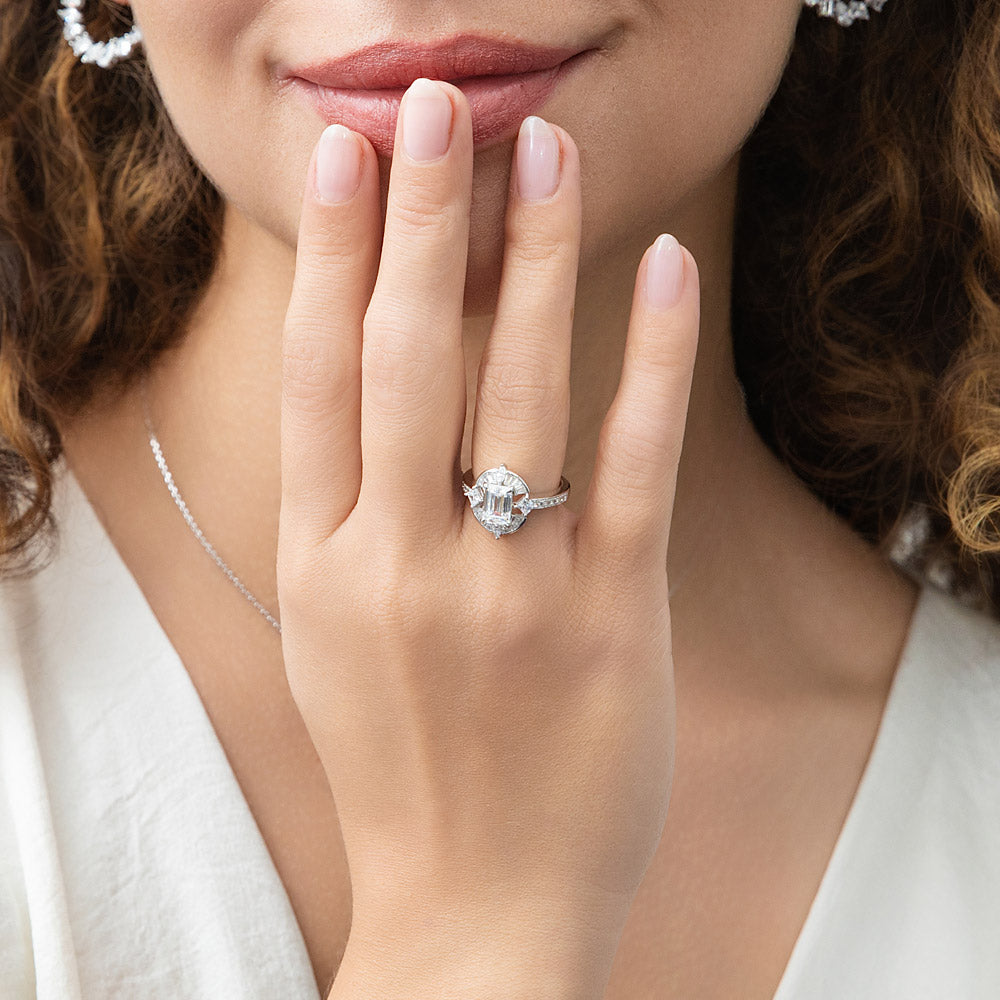 Halo Art Deco Emerald Cut CZ Ring in Sterling Silver