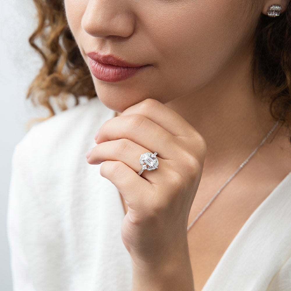 Halo Art Deco Emerald Cut CZ Ring in Sterling Silver