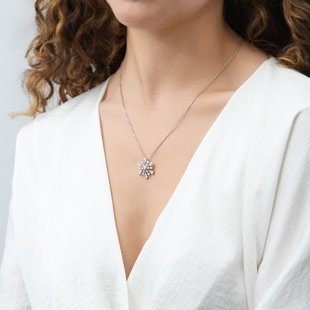 Model wearing Snowflake CZ Necklace in Sterling Silver, 5 of 7