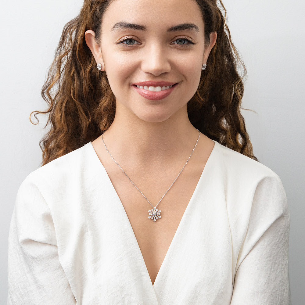 Model wearing Snowflake CZ Necklace in Sterling Silver, 3 of 7