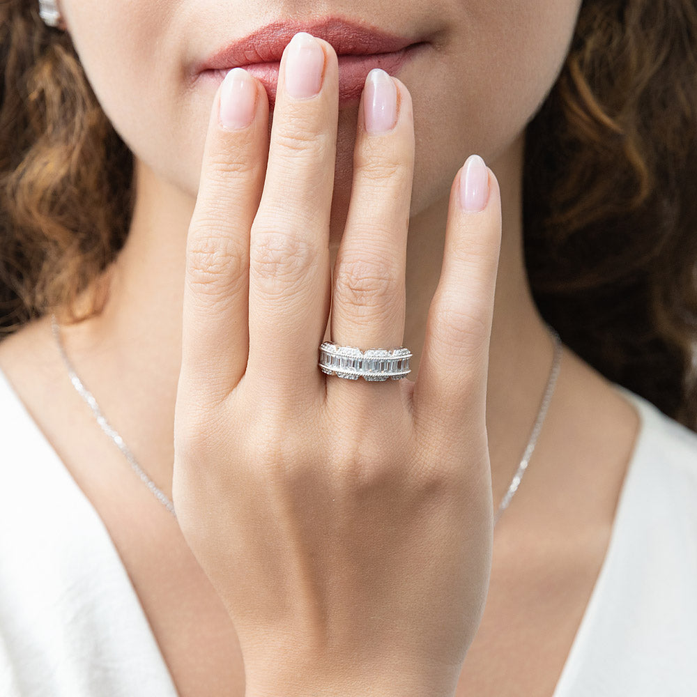 Model wearing Art Deco CZ Band Ring in Sterling Silver, 9 of 11