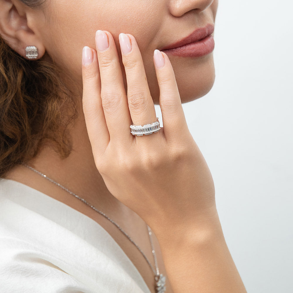 Model wearing Art Deco CZ Band Ring in Sterling Silver, 2 of 11