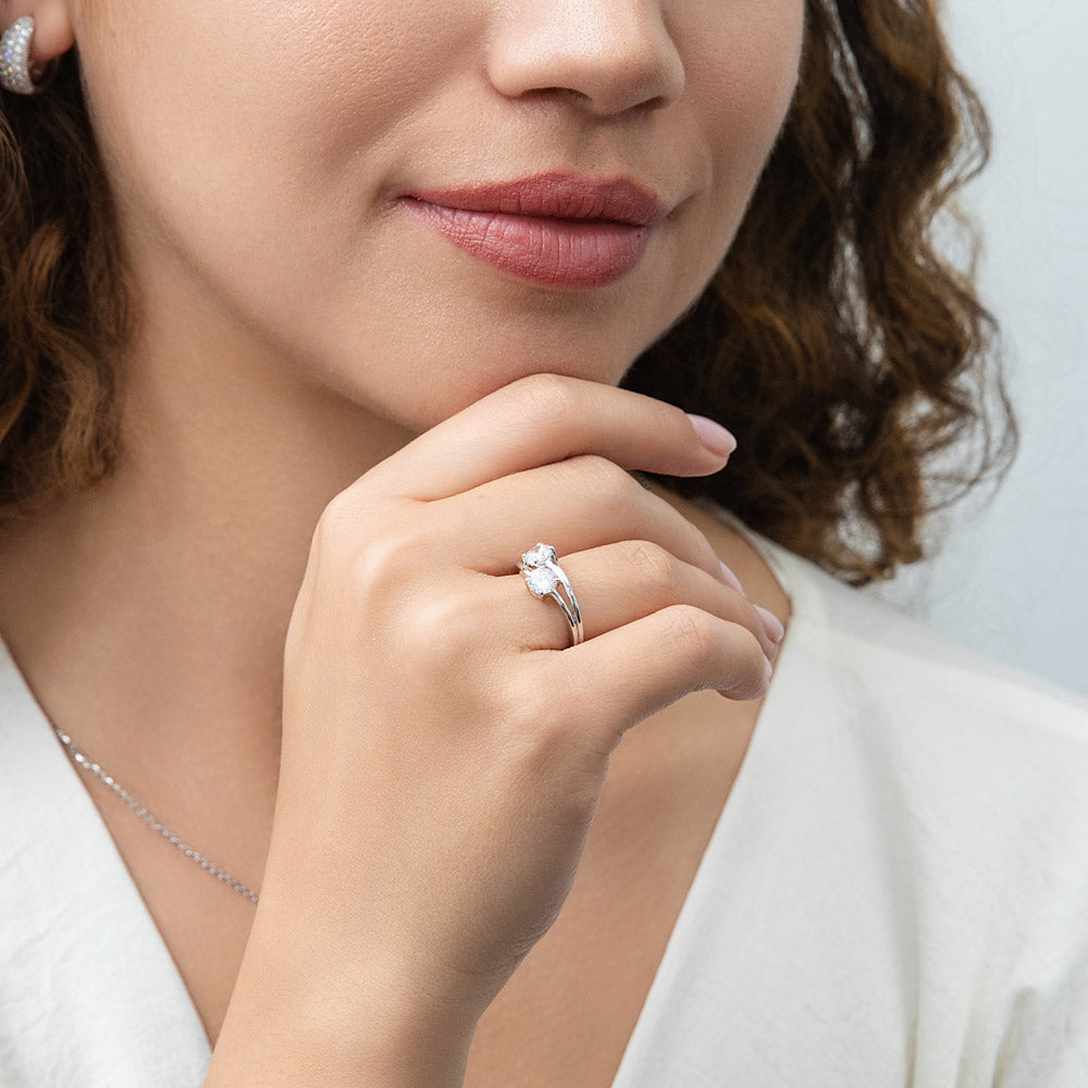 Bypass 2-Stone CZ Split Shank Ring in Sterling Silver