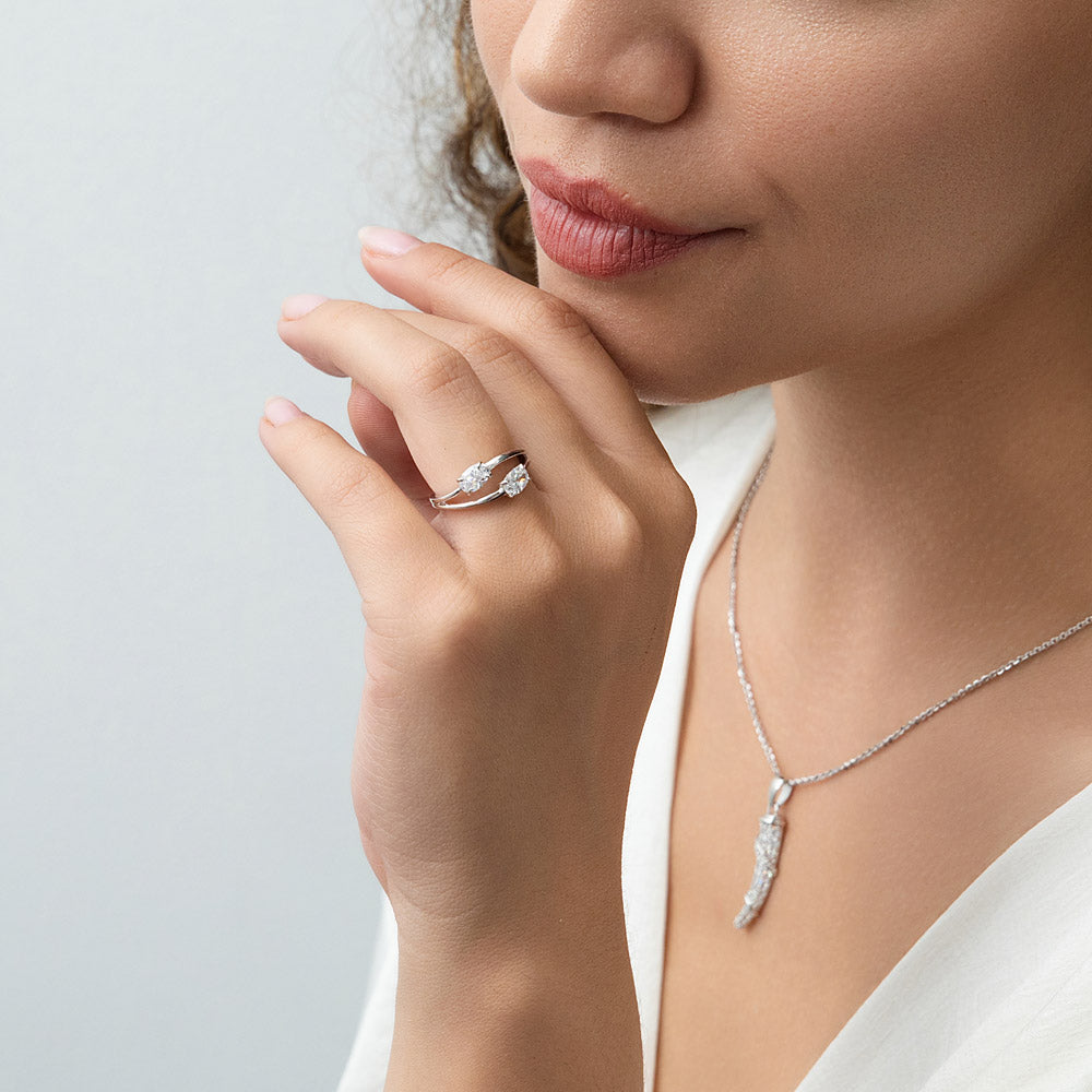 Model wearing Bypass 2-Stone CZ Split Shank Ring in Sterling Silver, 7 of 12