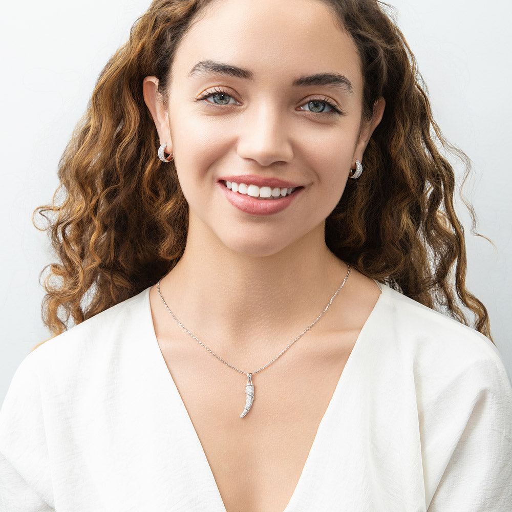 Model wearing Horn CZ Pendant Necklace in Sterling Silver