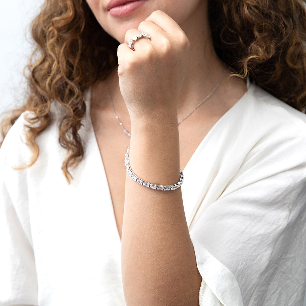Model wearing Emerald Cut CZ Tennis Bracelet in Sterling Silver, 7 of 8
