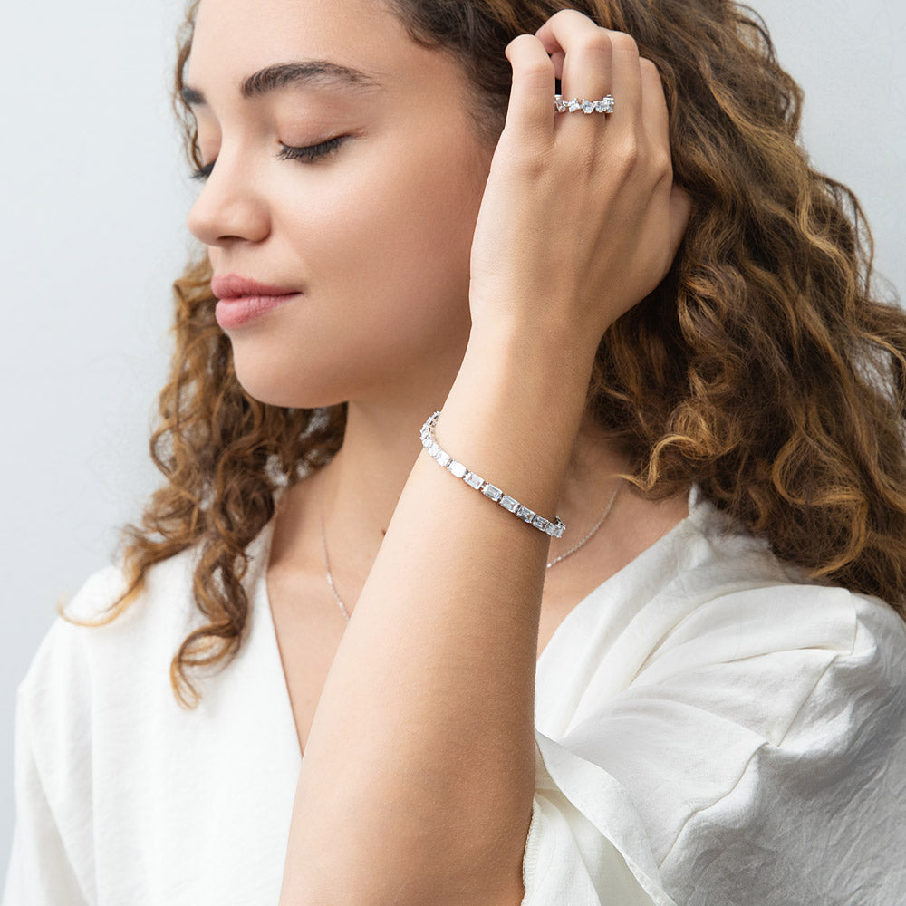 Model wearing Emerald Cut CZ Tennis Bracelet in Sterling Silver, 2 of 8