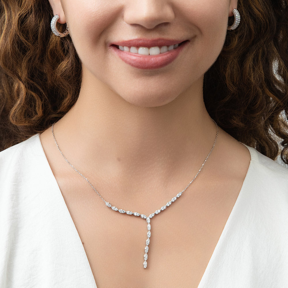 Model wearing CZ Lariat Necklace in Sterling Silver, 2 of 8